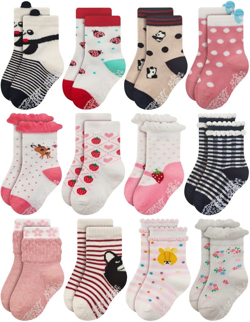 RATIVE Non Skid Anti Slip Cotton Dress Crew Socks With Grips For Baby Infant Toddler Kids Girls (1-3T, 12-pairs/RG-93x) - Image 1